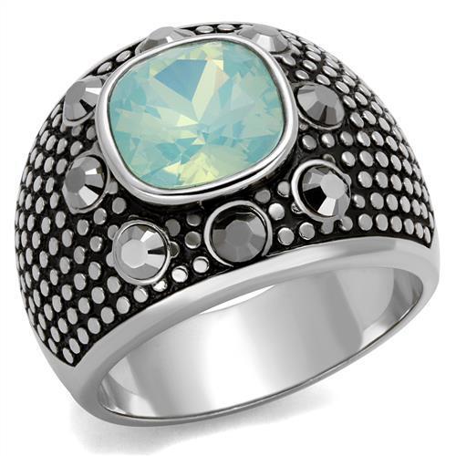 Men's stainless steel ring featuring a vibrant synthetic fireopal, showcasing a high polished finish.