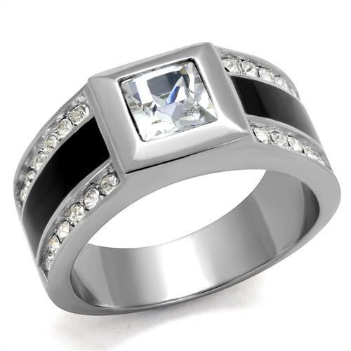 Men's stainless steel ring featuring a clear synthetic crystal centerpiece, high-polished finish for a sleek look.