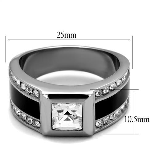 Men's stainless steel ring featuring a clear synthetic crystal centerpiece, high-polished finish for a sleek look.