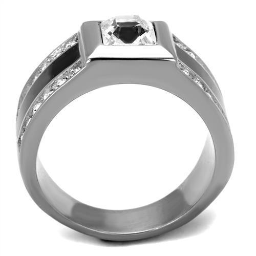 Men's stainless steel ring featuring a clear synthetic crystal centerpiece, high-polished finish for a sleek look.