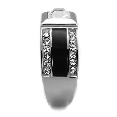 Men's stainless steel ring featuring a clear synthetic crystal centerpiece, high-polished finish for a sleek look.