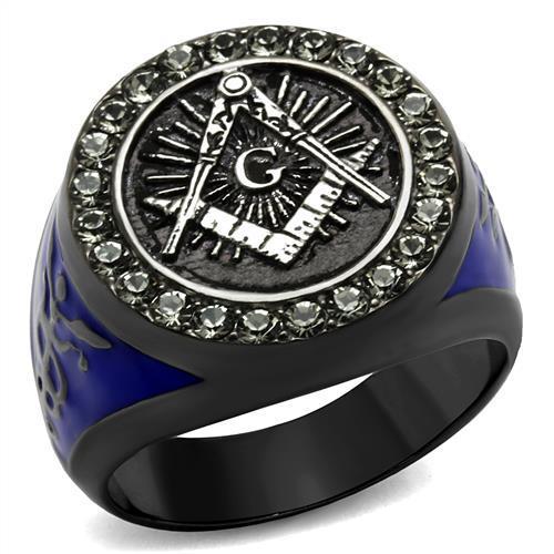 Men's stainless steel ring with synthetic black diamond, featuring a two-tone IP light black and gunmetal finish.