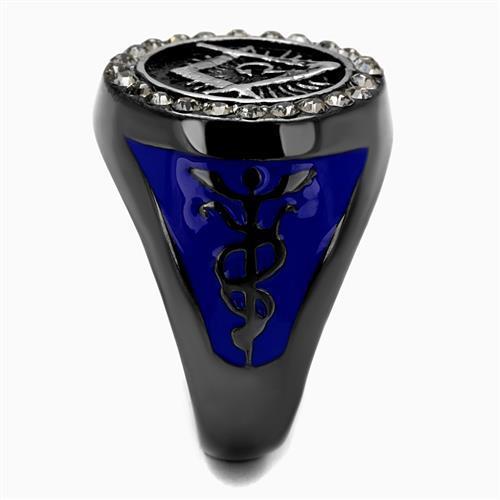 Men's stainless steel ring with synthetic black diamond, featuring a two-tone IP light black and gunmetal finish.