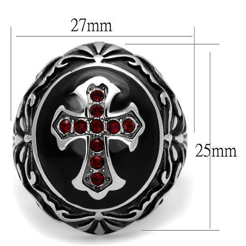 Men's stainless steel ring featuring a high-polished finish and a vibrant Siam synthetic crystal centerpiece.