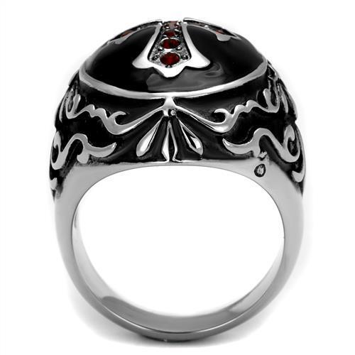 Men's stainless steel ring featuring a high-polished finish and a vibrant Siam synthetic crystal centerpiece.