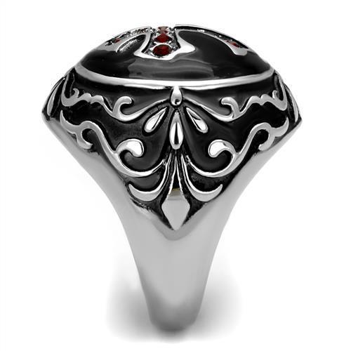 Men's stainless steel ring featuring a high-polished finish and a vibrant Siam synthetic crystal centerpiece.