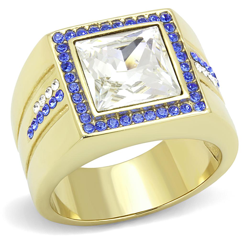Men's stainless steel ring with synthetic crystal, featuring IP gold plating and a square design.