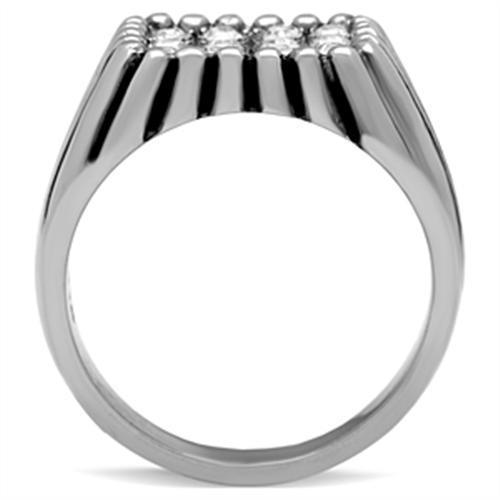 Men's stainless steel ring featuring a clear synthetic crystal centerpiece with a high-polished finish.