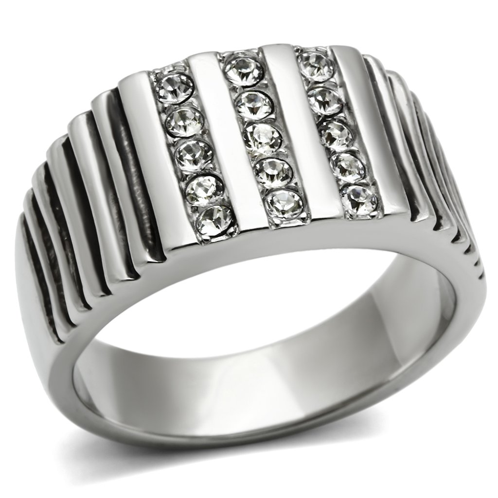 Men's stainless steel ring featuring a clear synthetic crystal centerpiece, high-polished finish, and sleek design.