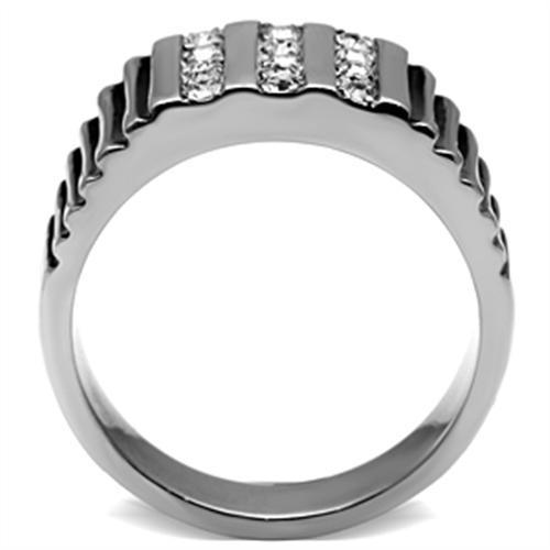 Men's stainless steel ring featuring a clear synthetic crystal centerpiece, high-polished finish, and sleek design.