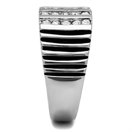 Men's stainless steel ring featuring a clear synthetic crystal centerpiece, high-polished finish, and sleek design.