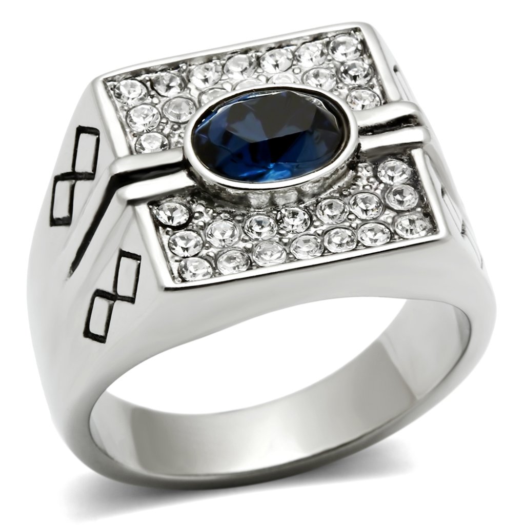 Men's stainless steel ring featuring a high-polished finish and a synthetic crystal centerpiece, ideal for stylish accessories.