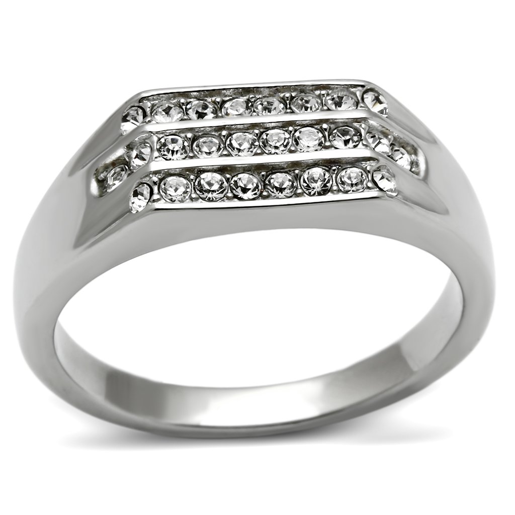 Men's stainless steel ring featuring a high-polished finish and a clear synthetic crystal centerpiece, designed for elegance and durability.