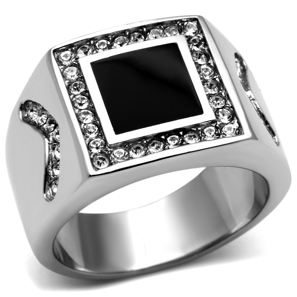Men's stainless steel ring featuring a clear synthetic crystal, high-polished finish, and sleek design.