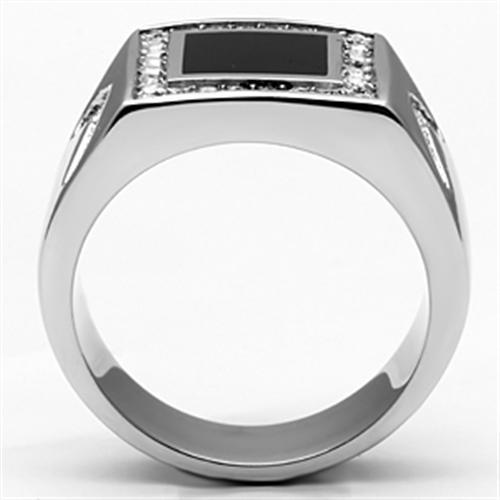 Men's stainless steel ring featuring a clear synthetic crystal, high-polished finish, and sleek design.