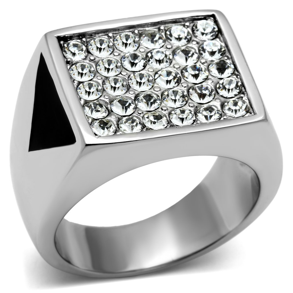 Men's stainless steel ring featuring a clear synthetic crystal, high-polished finish, and elegant design.