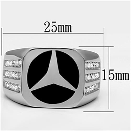 Men's stainless steel ring featuring a clear synthetic crystal, high-polished finish, and elegant design.