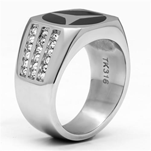 Men's stainless steel ring featuring a clear synthetic crystal, high-polished finish, and elegant design.