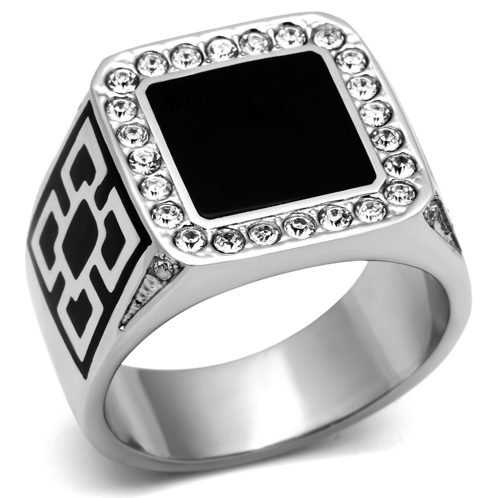 Men's stainless steel ring with clear synthetic crystal, high-polished finish, showcasing elegance and durability.