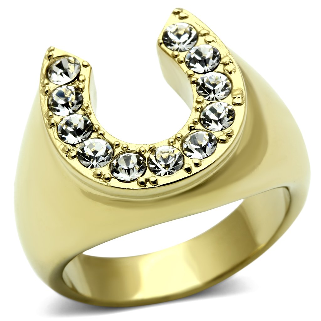 Men's stainless steel ring with synthetic crystal and IP gold finish, showcasing elegance and durability.