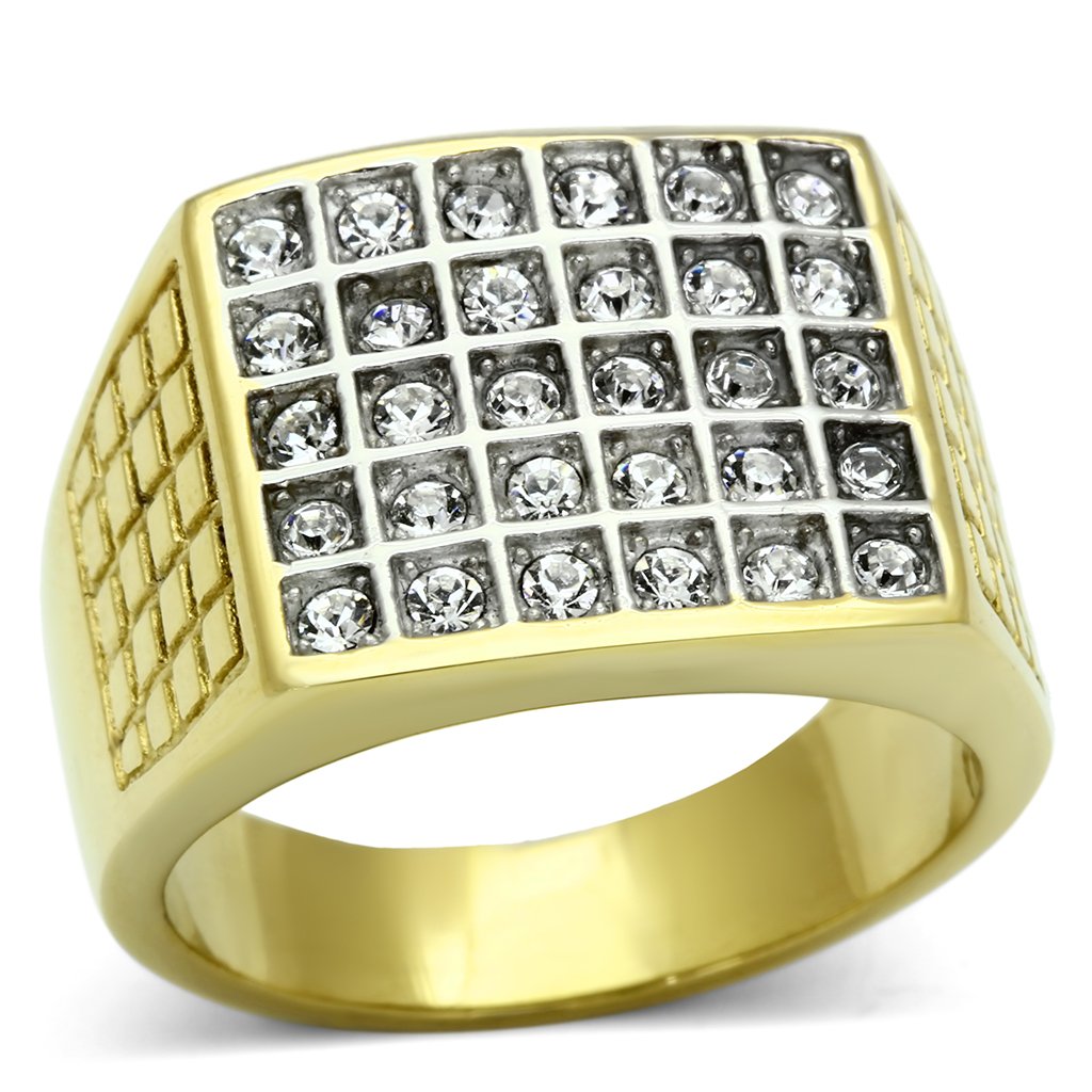 Men's stainless steel ring with two-tone gold plating and clear synthetic crystal centerpiece, showcasing modern elegance.