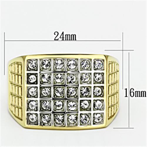 Men's stainless steel ring with two-tone gold plating and clear synthetic crystal centerpiece, showcasing modern elegance.