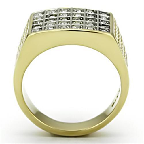 Men's stainless steel ring with two-tone gold plating and clear synthetic crystal centerpiece, showcasing modern elegance.