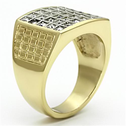 Men's stainless steel ring with two-tone gold plating and clear synthetic crystal centerpiece, showcasing modern elegance.