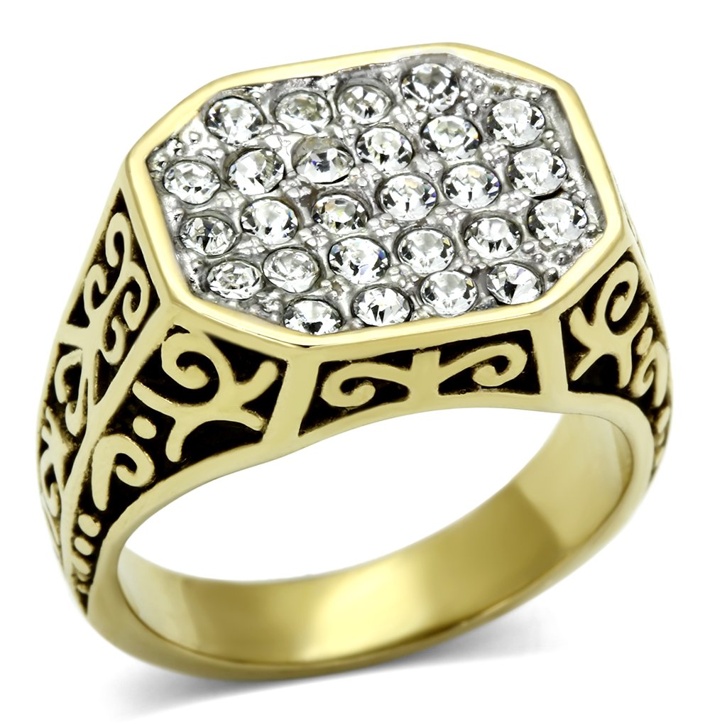 Men's stainless steel ring with synthetic crystal and two-tone IP gold finish, showcasing elegance and durability.