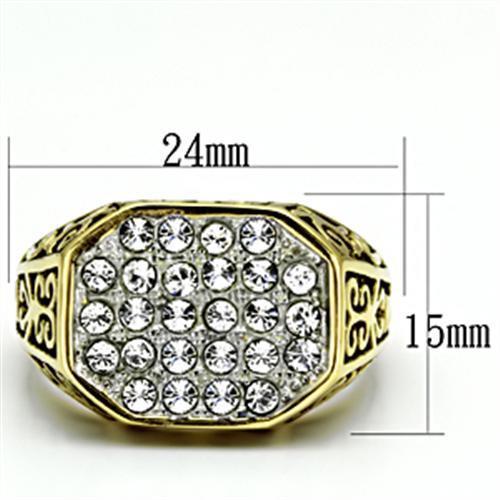 Men's stainless steel ring with synthetic crystal and two-tone IP gold finish, showcasing elegance and durability.