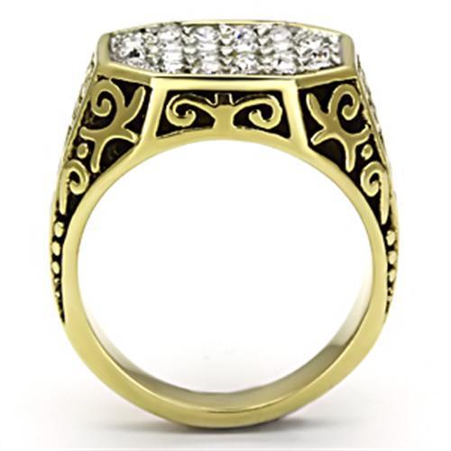Men's stainless steel ring with synthetic crystal and two-tone IP gold finish, showcasing elegance and durability.