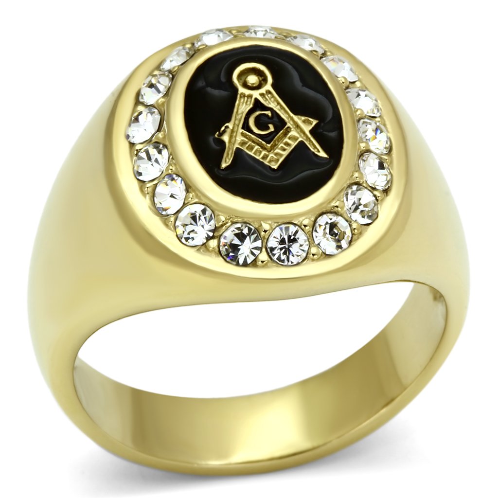 Men's stainless steel ring with synthetic crystal and IP gold finish, showcasing elegance and durability.