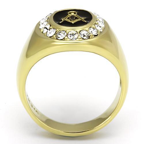 Men's stainless steel ring with synthetic crystal and IP gold finish, showcasing elegance and durability.