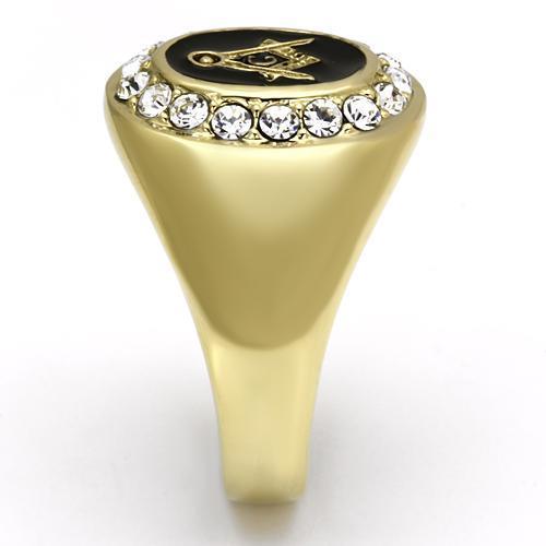 Men's stainless steel ring with synthetic crystal and IP gold finish, showcasing elegance and durability.