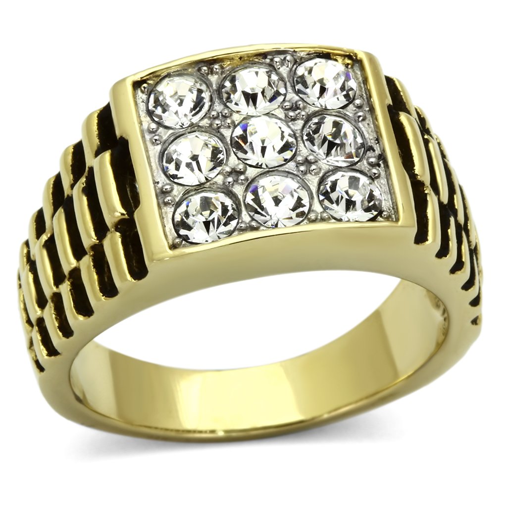 Men's stainless steel ring with synthetic crystal and two-tone gold finish, showcasing modern design and elegance.
