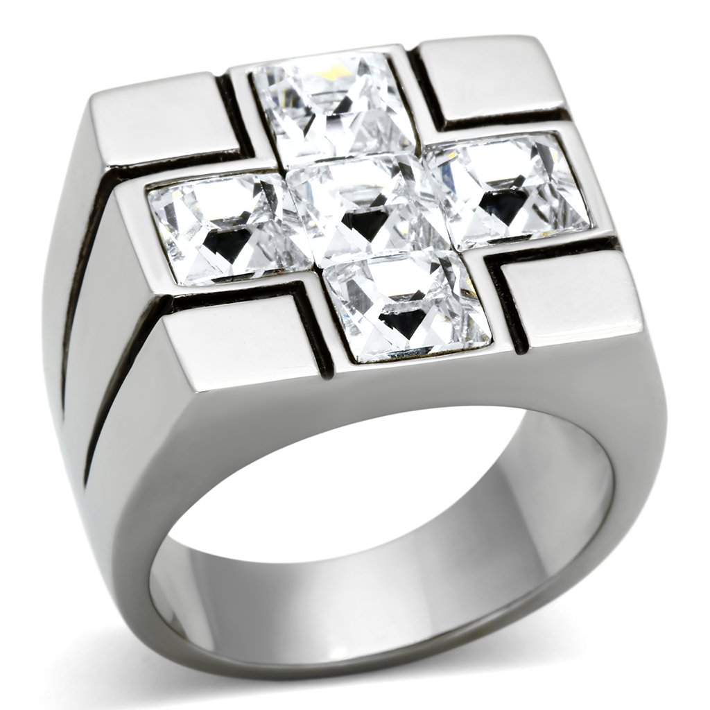 Men's stainless steel ring featuring a clear synthetic crystal, high-polished finish, and modern design.