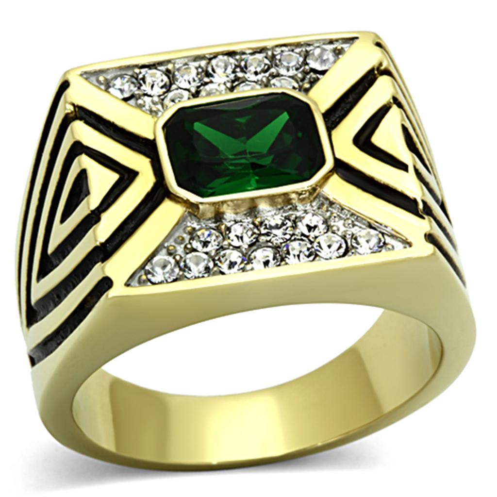 Men's stainless steel ring with synthetic emerald glass and two-tone IP gold finish.