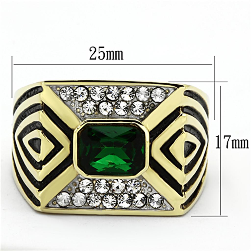 Men's stainless steel ring with synthetic emerald glass and two-tone IP gold finish.