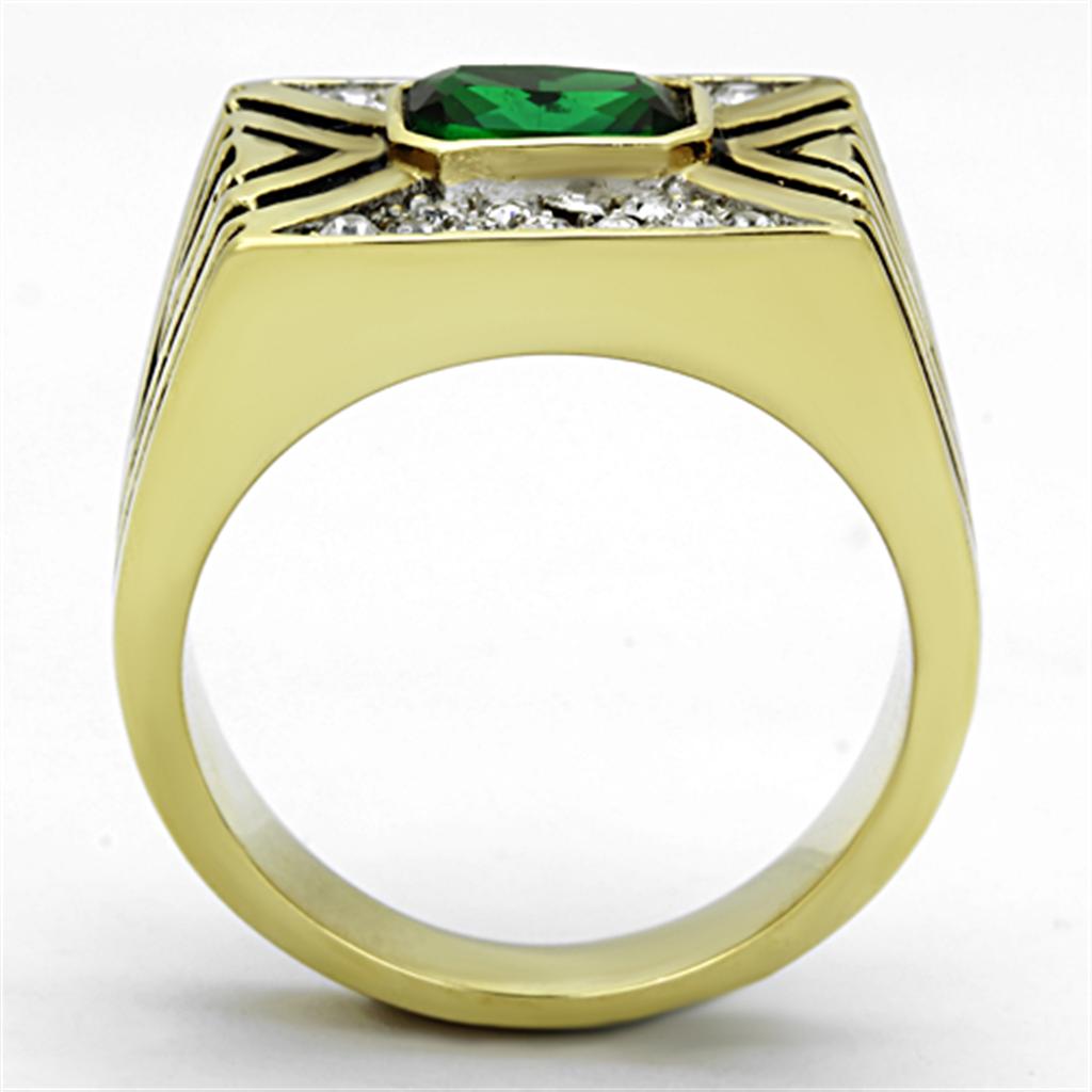 Men's stainless steel ring with synthetic emerald glass and two-tone IP gold finish.