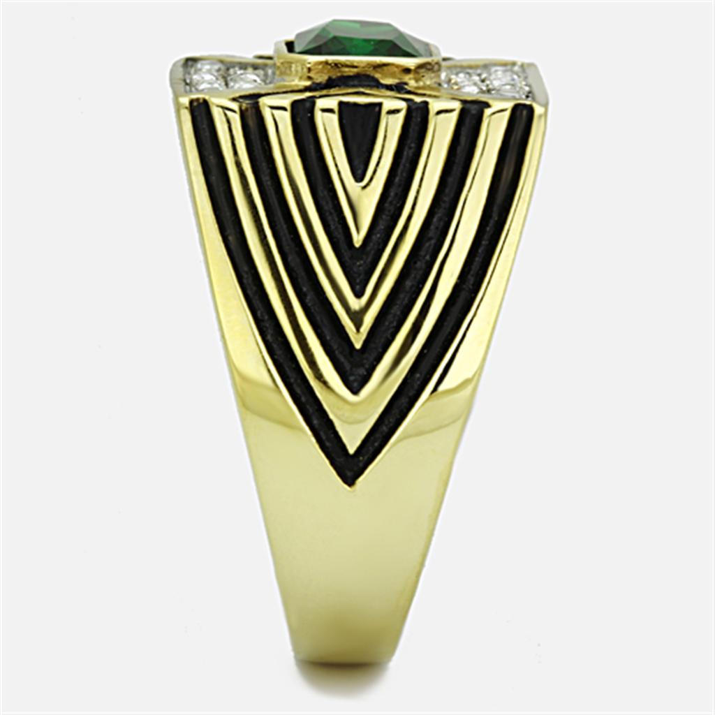 Men's stainless steel ring with synthetic emerald glass and two-tone IP gold finish.