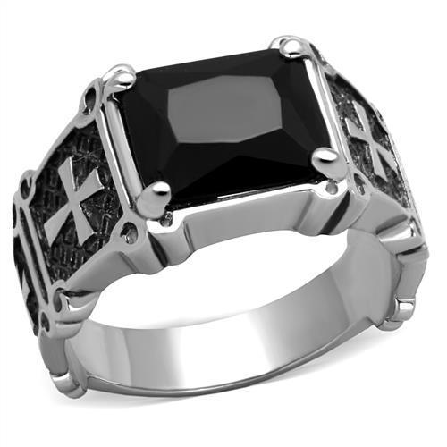Men's stainless steel ring with synthetic jet glass, high-polished finish, stylish and modern design.