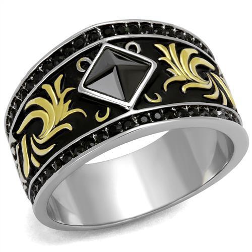 Men's stainless steel ring with two-tone gold ion plating and synthetic glass accents, showcasing a modern and stylish design.