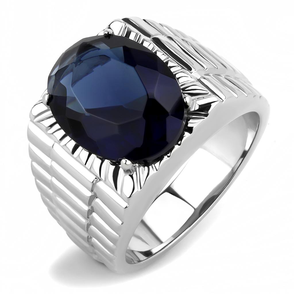 Men's stainless steel ring featuring a high-polished finish and oval synthetic Montana glass centerpiece.