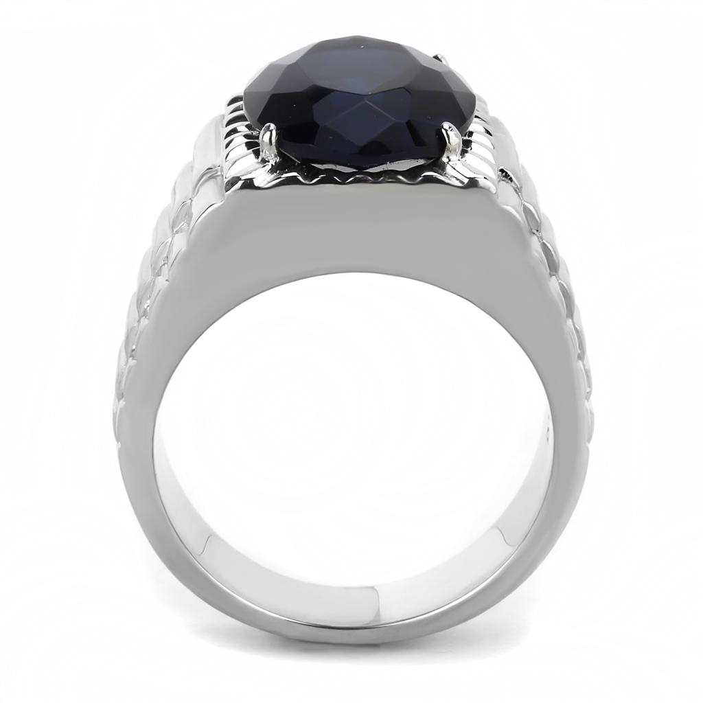 Men's stainless steel ring featuring a high-polished finish and oval synthetic Montana glass centerpiece.