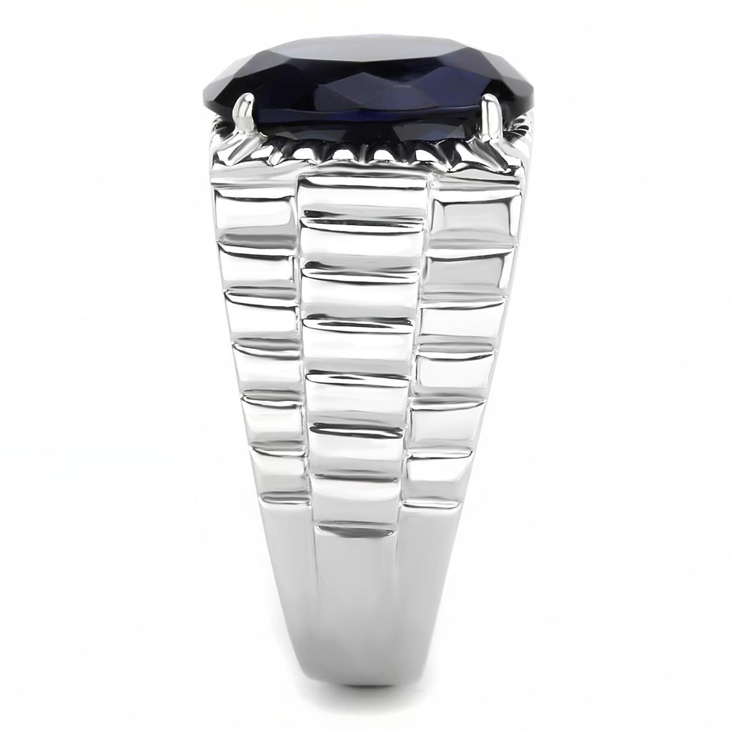 Men's stainless steel ring featuring a high-polished finish and oval synthetic Montana glass centerpiece.