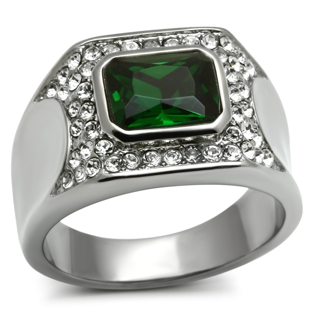 Men's stainless steel ring featuring synthetic emerald glass, high polished finish.