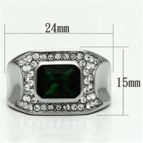 Men's stainless steel ring featuring synthetic emerald glass, high polished finish.