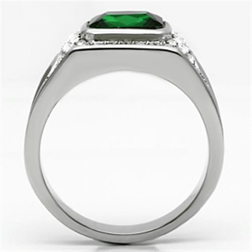 Men's stainless steel ring featuring synthetic emerald glass, high polished finish.