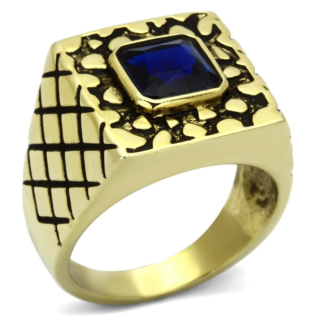 Men's stainless steel ring with synthetic Montana glass centerpiece and IP gold finish, showcasing modern elegance.