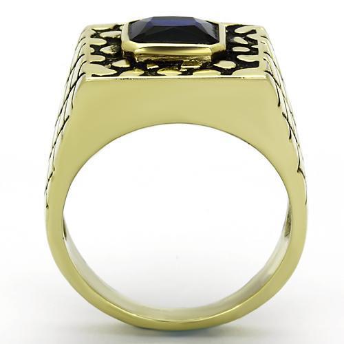 Men's stainless steel ring with synthetic Montana glass centerpiece and IP gold finish, showcasing modern elegance.